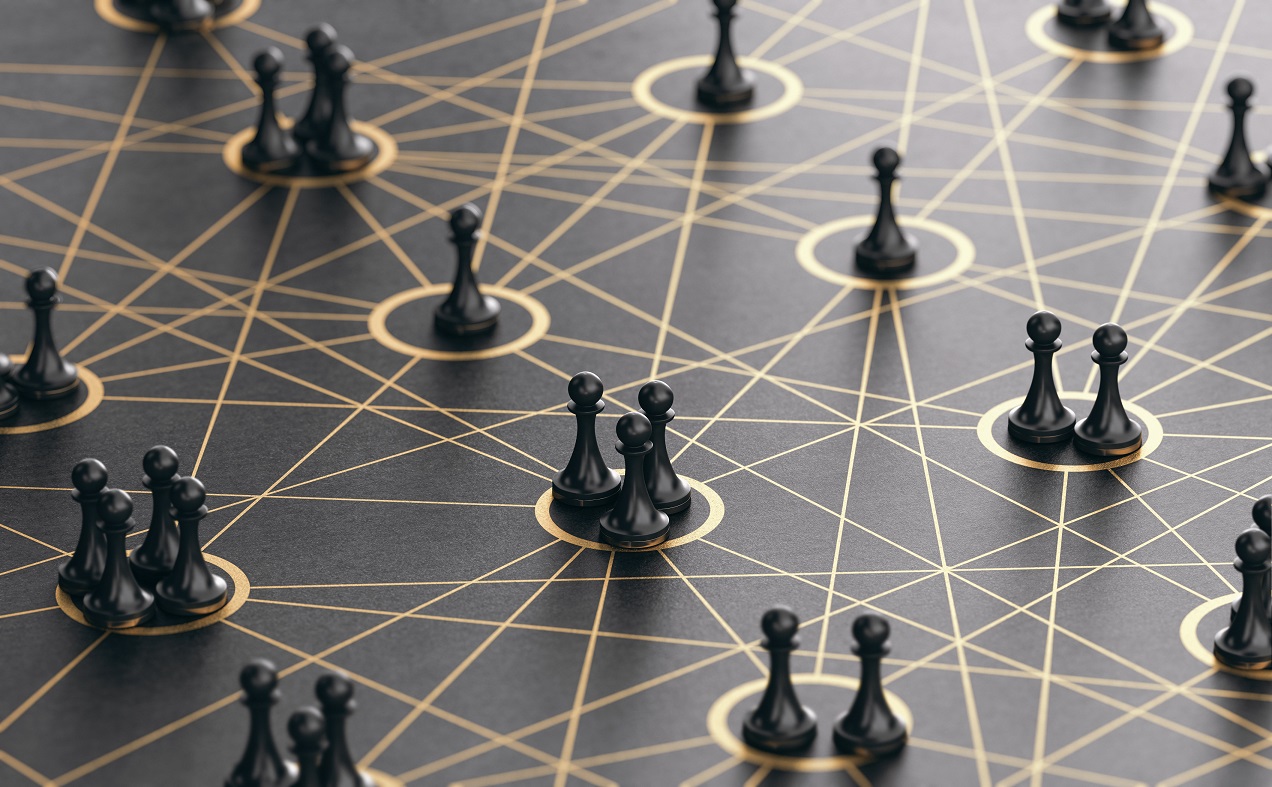 Social connections. Community interactions 3D illustration of pawns linked together by many golden lines over black background. Social connections concept.